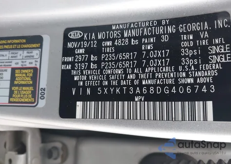 2013 Kia Sorento Lx z USA, uszkodzony, nr VIN 5XYKT3A68DG406743